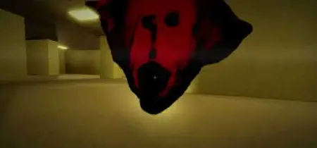 A deformed red face emerging in a yellow liminal space