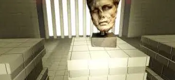 A statue head on top of a pillar among white tiles in The Poolrooms