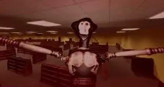 The Locust with open arms between the library bookshelves